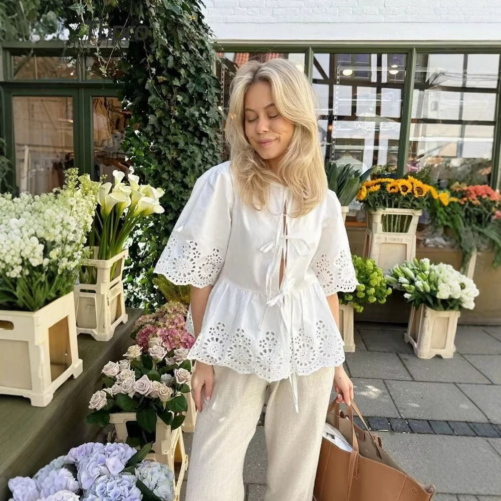 Damen Blusenshirt mit floralem Spitzenbesatz und Rüschendetails R&B