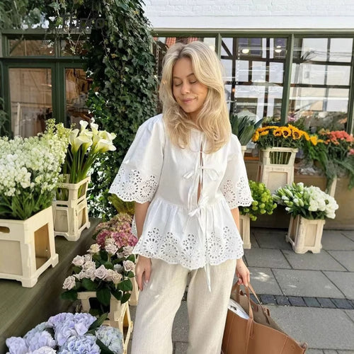 Damen Blusenshirt mit floralem Spitzenbesatz und Rüschendetails R&B