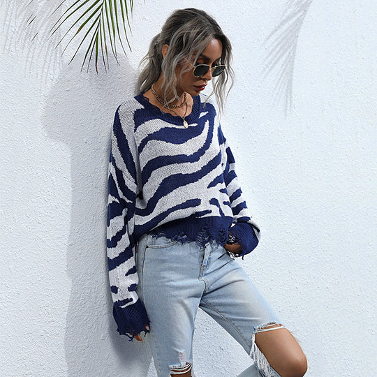 Damen Oversized Strickpullover mit modernem Zebra-Design und weitem Schnitt R&B