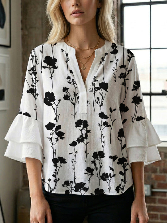 Damen lässige Bluse mit Volantärmeln und botanischem Druck R&B