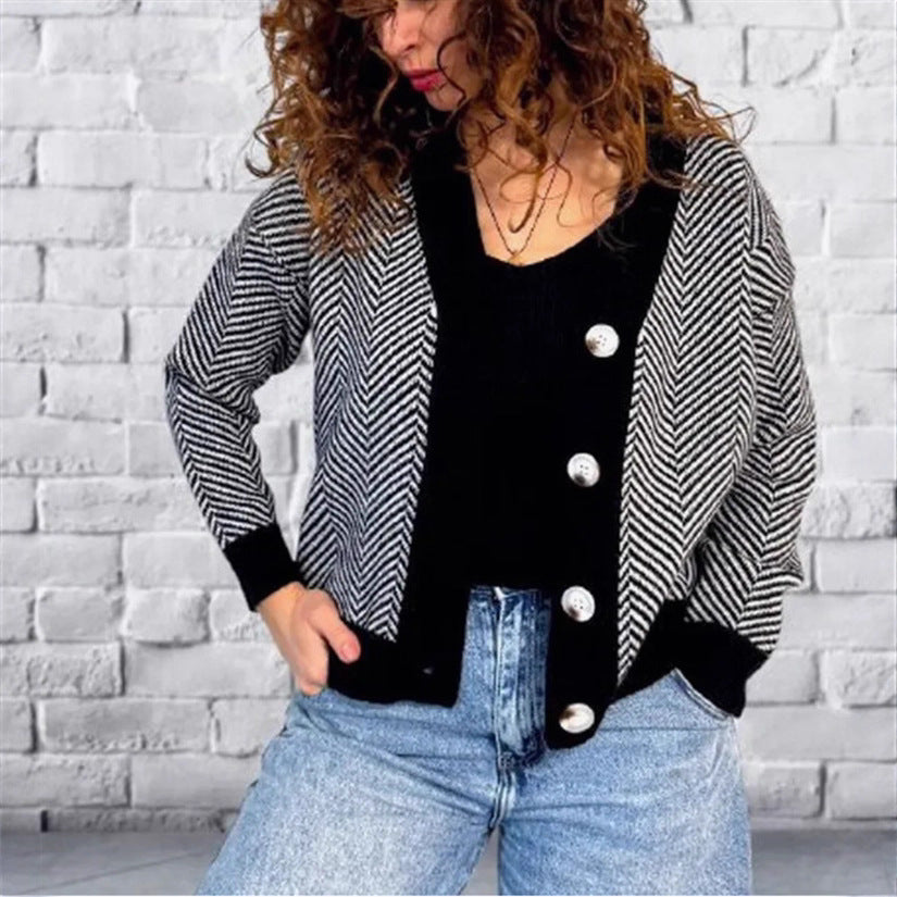 Damen Modischer Cardigan mit Chevron-Muster und Knöpfen