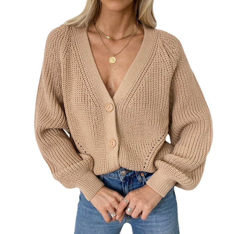 Damen legerer V-Ausschnitt Strickcardigan mit Knöpfen R&B
