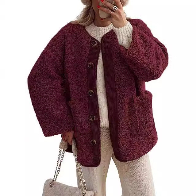 Damen kuschelige Teddyjacke mit farblich abgestimmtem Kragen R&B