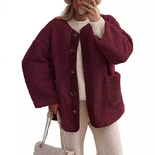 Damen kuschelige Teddyjacke mit farblich abgestimmtem Kragen R&B