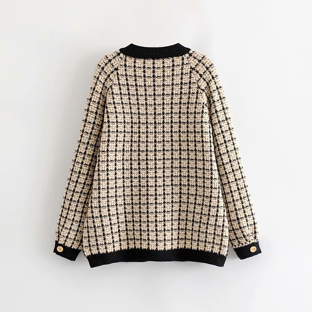 Damen Strickjacke mit Modischem Karomuster und Knopfdetails R&B