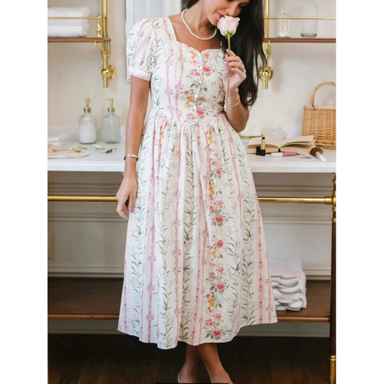 Damen Maxikleid mit floralem Design und langen Puffärmeln R&B