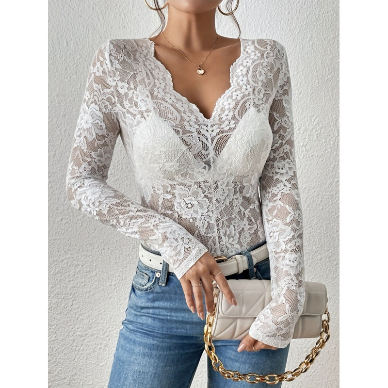 Damen Spitzen-Bodysuit mit tiefem V-Ausschnitt und transparenten Ärmeln R&B