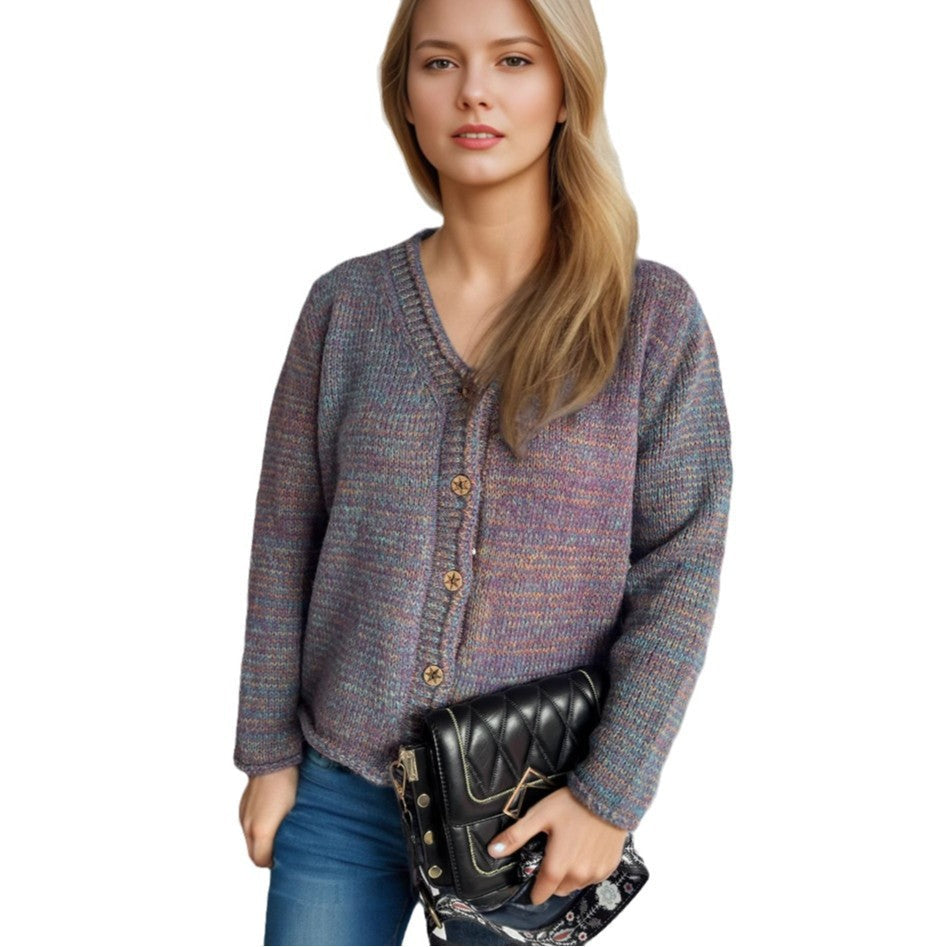 Damen Strickjacke mit kreativem Farbmuster und goldenen Knöpfen R&B