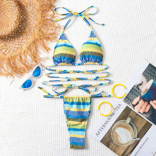 Damen Bandeau-Bikini mit modischen Streifen und anpassbaren Trägersystem R&B