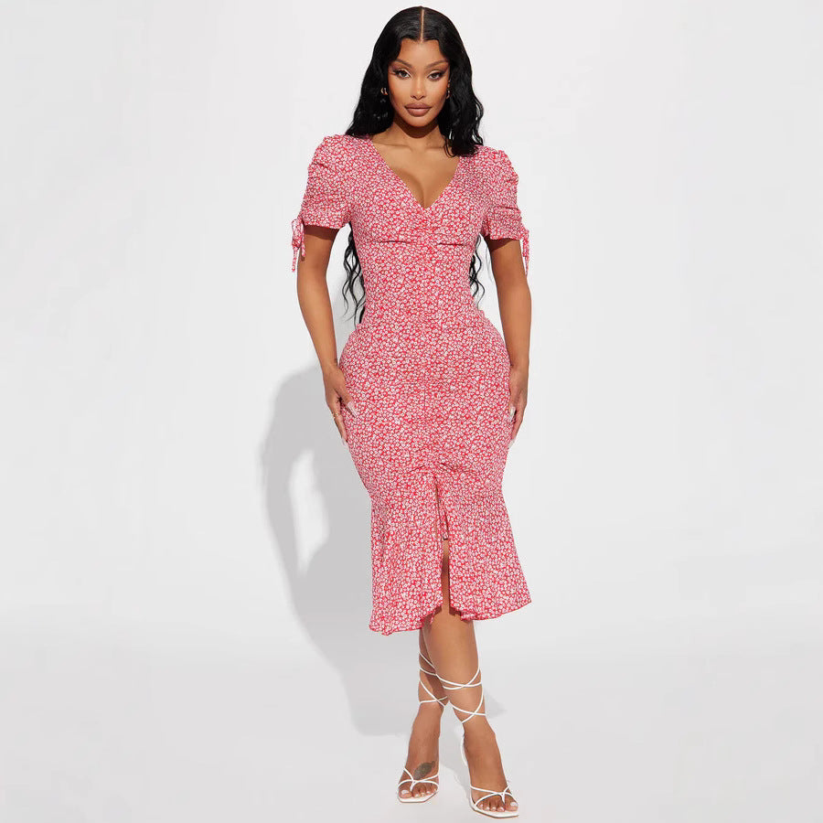 Damen Midi-Kleid mit floralen Mustern und luftigen Rüschendetails R&B