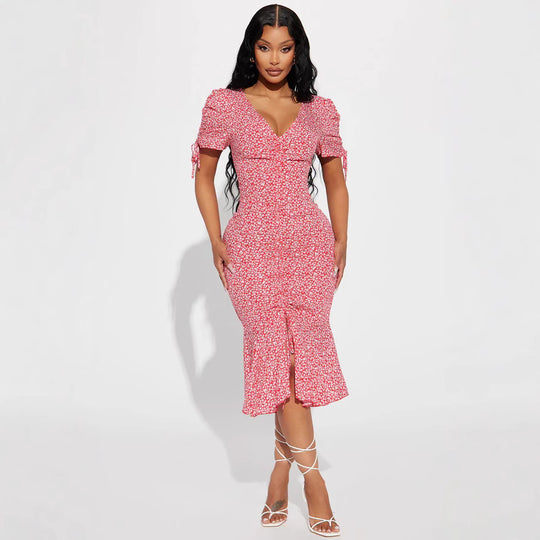 Damen Midi-Kleid mit floralen Mustern und luftigen Rüschendetails R&B