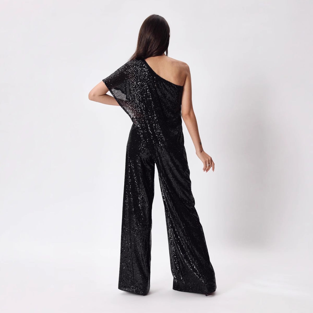 Damen Einseitiger Pailletten Jumpsuit mit Weiter Hose Heidi-Mode