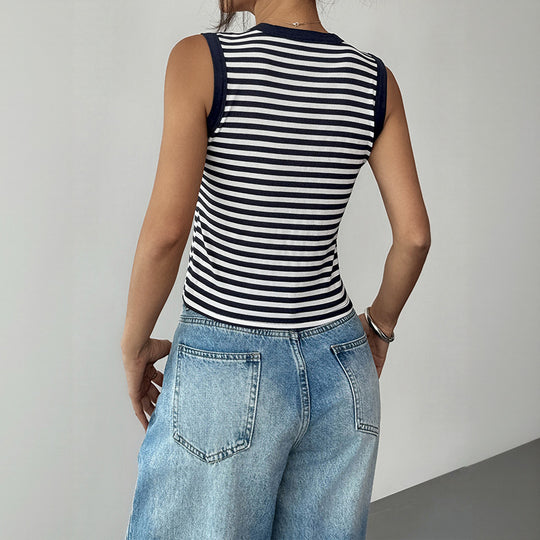 Damen ärmelloses Streifenshirt mit knöpfbarem Ausschnitt und engem Schnitt R&B