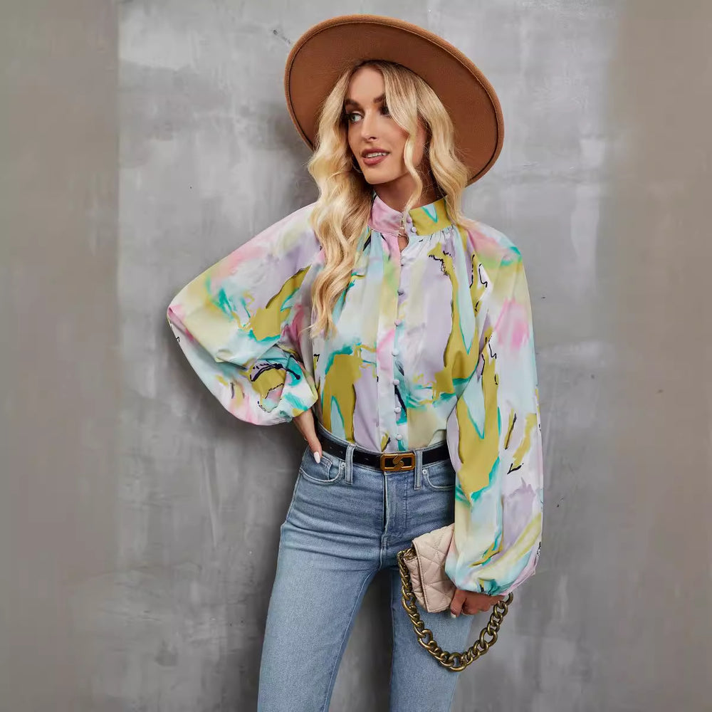 Damen Bluse mit buntem Floral-Print und Schluppenkragen R&B