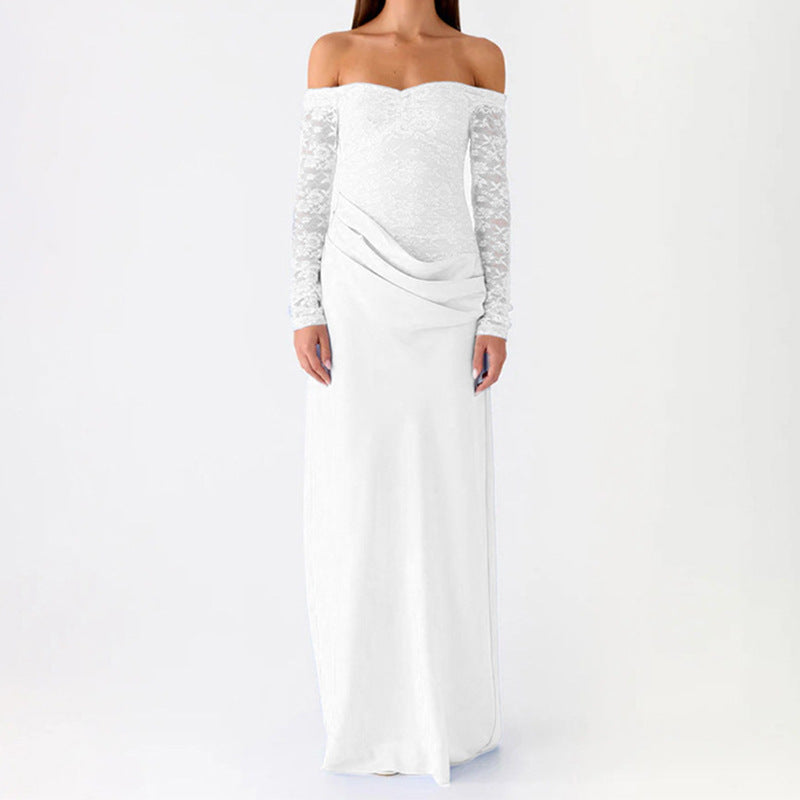 Damen Elegantes Hochzeitskleid mit schulterfreiem Ausschnitt und Spitzenärmeln R&B