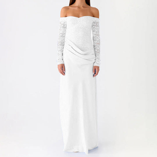 Damen Elegantes Hochzeitskleid mit schulterfreiem Ausschnitt und Spitzenärmeln R&B