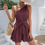 Damen Einseitiger Jumpsuit mit tailliertem Gürtel und fließendem Schnitt R&B