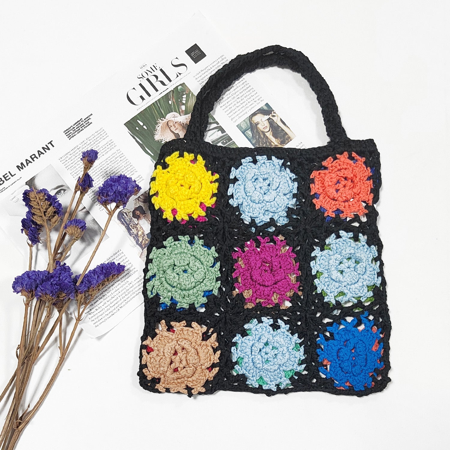 Damen gehäkelte Handtasche mit buntem Blumenmuster R&B