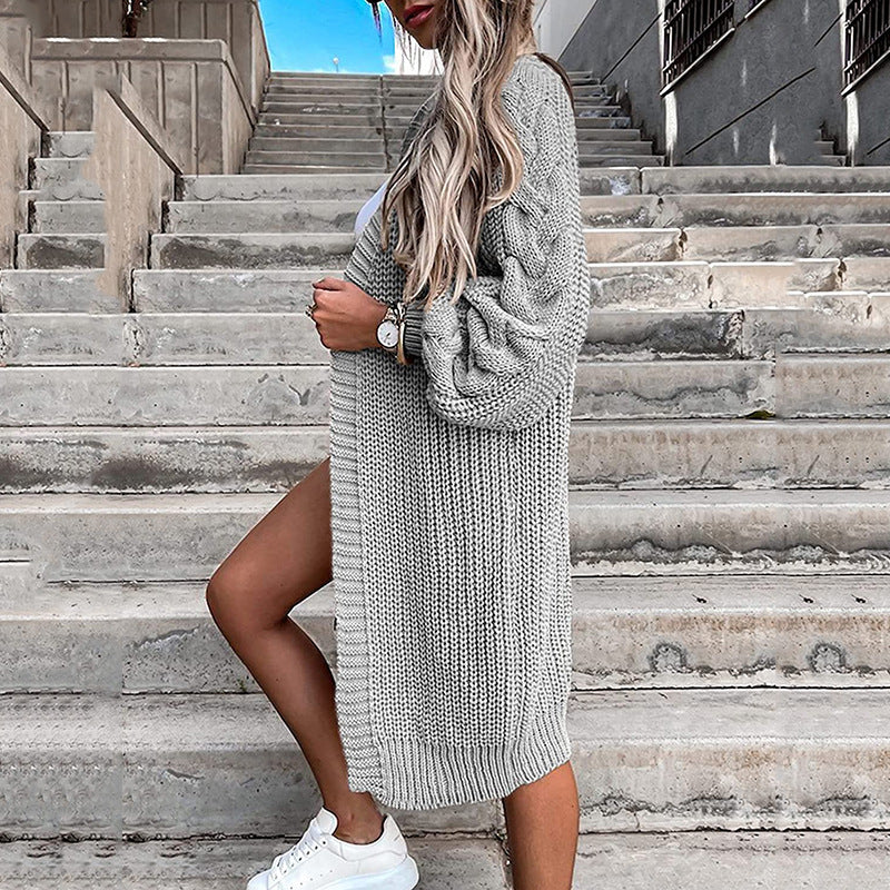 Damen Langer Strickcardigan mit voluminösen Puffärmeln und offenen Seiten R&B