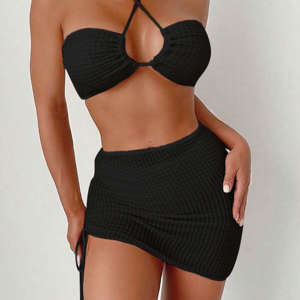 Damen Bandeau-Bikini mit verstellbaren Trägern und schnürbarem Rock R&B