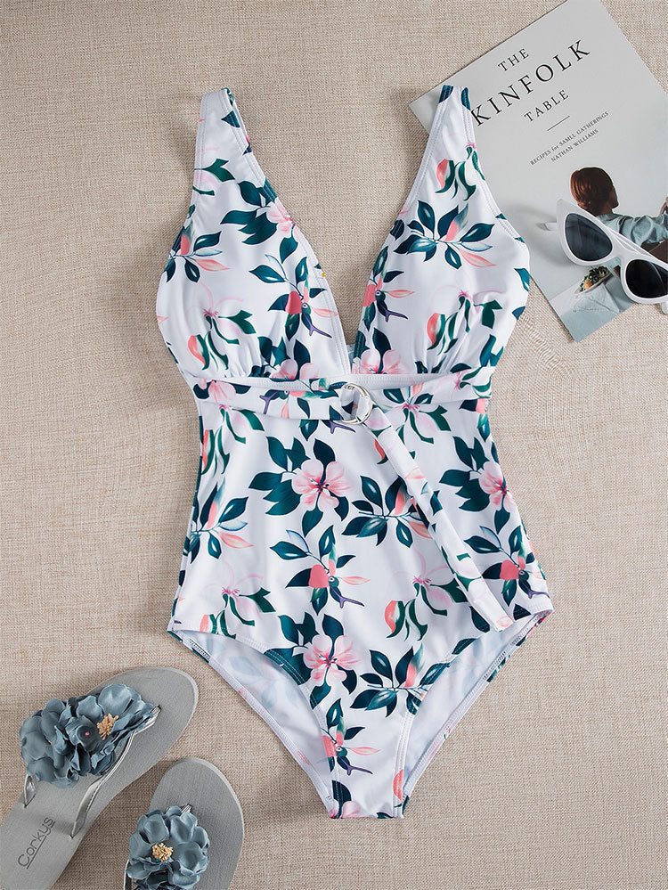 Damen Einteiler Badeanzug mit floralem Wickeldesign R&B