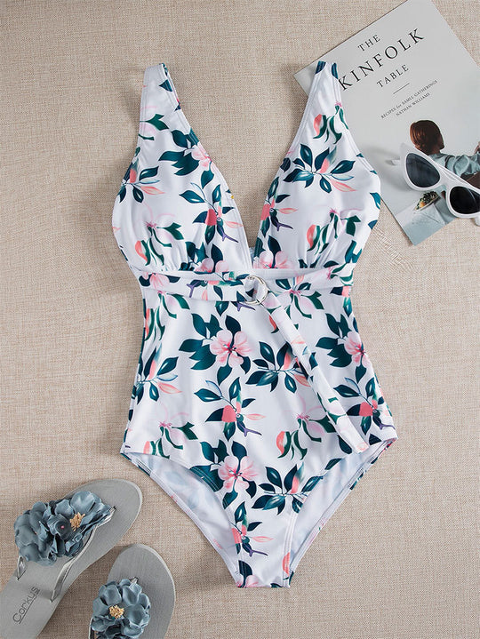Damen Einteiler Badeanzug mit floralem Wickeldesign R&B