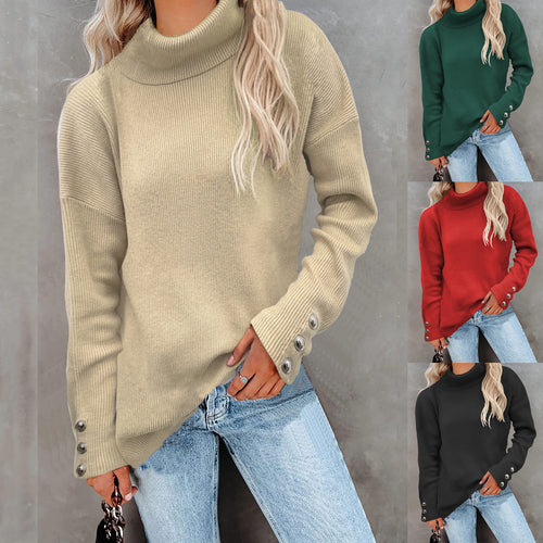 Damen Grobstrickpullover mit Rollkragen und Knopfdetail R&B