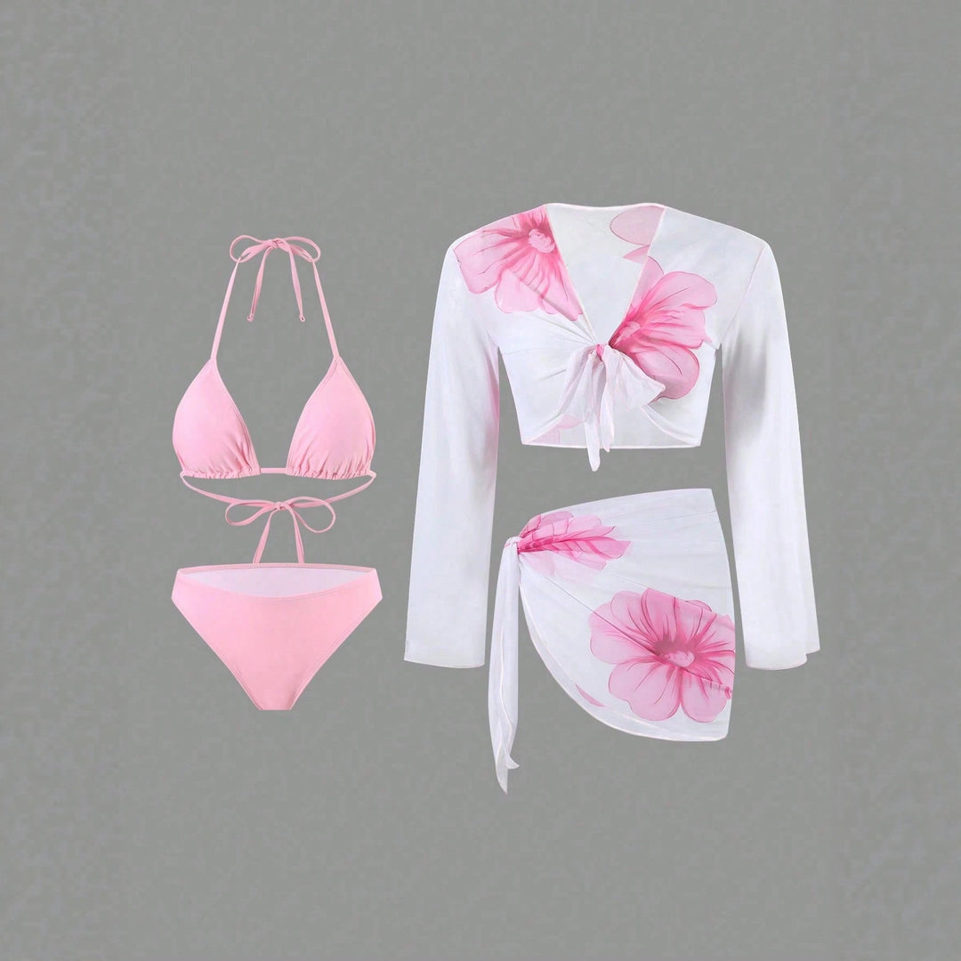 Damen Bikini-Set mit floralem Wickeltuch und langärmliger Oberteile R&B