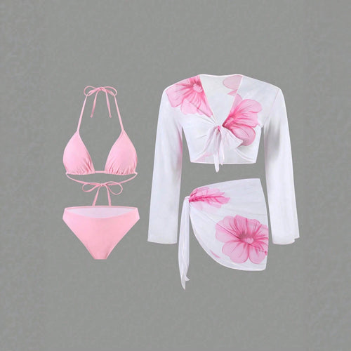 Damen Bikini-Set mit floralem Wickeltuch und langärmliger Oberteile R&B