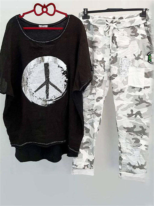 Damen nan lässiges Freizeit-Zweiteiler mit weit geschnittenem Leinenoptik-Shirt, Peace-Symbol und Camouflage-Jogpant mit Patchdetails R&B
