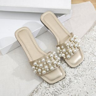 Damen Elegante Slides mit perlenverzierter Riemenstruktur R&B