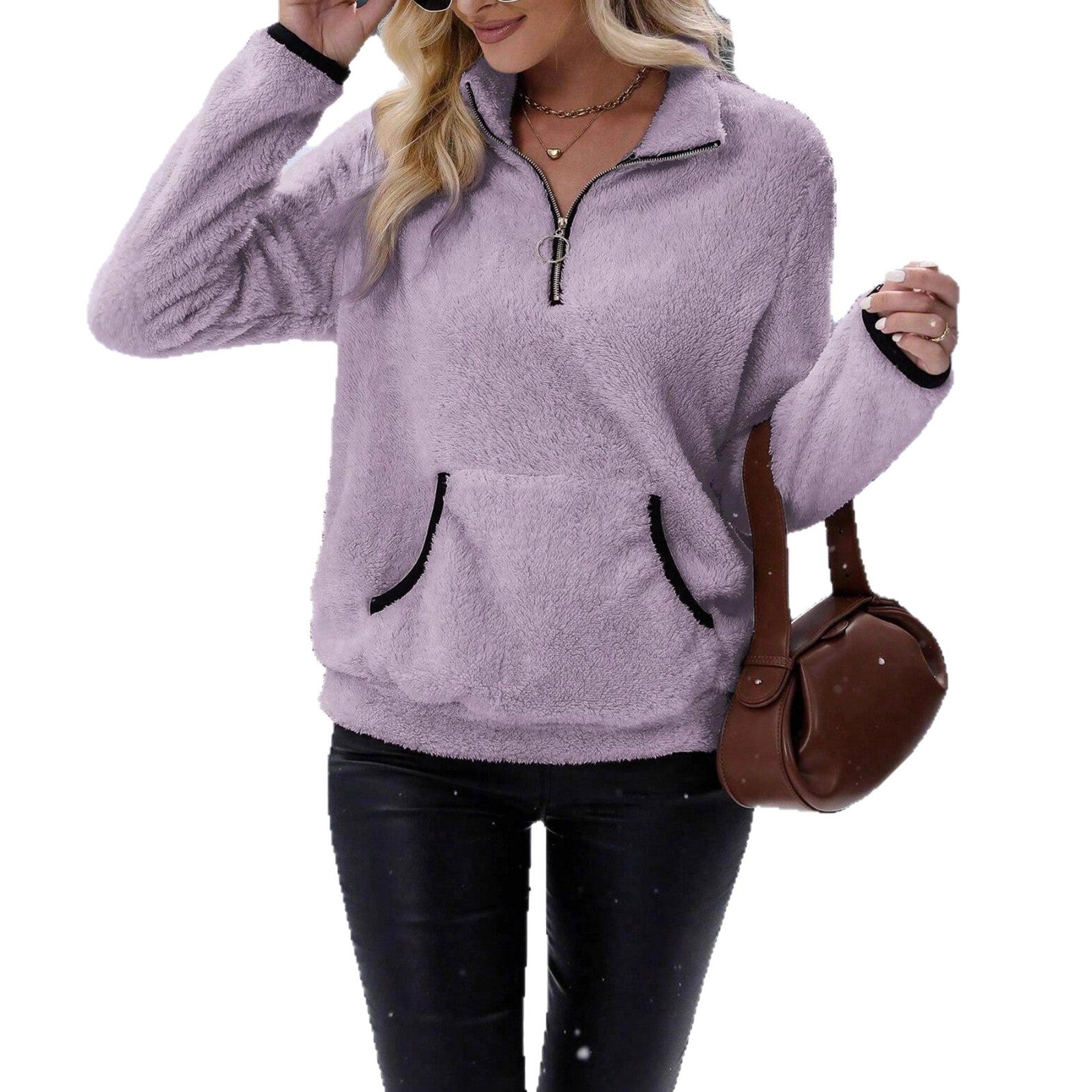 Damen kuscheliger Fleece-Pullover mit Halbzipper und Kängurutasche R&B