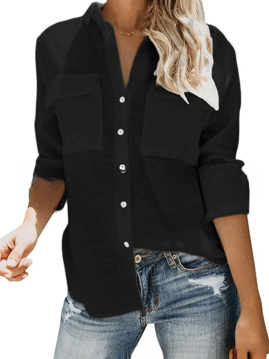 Damen leichte Sommerbluse mit zwei Brusttaschen und aufgerollten Ärmeln R&B