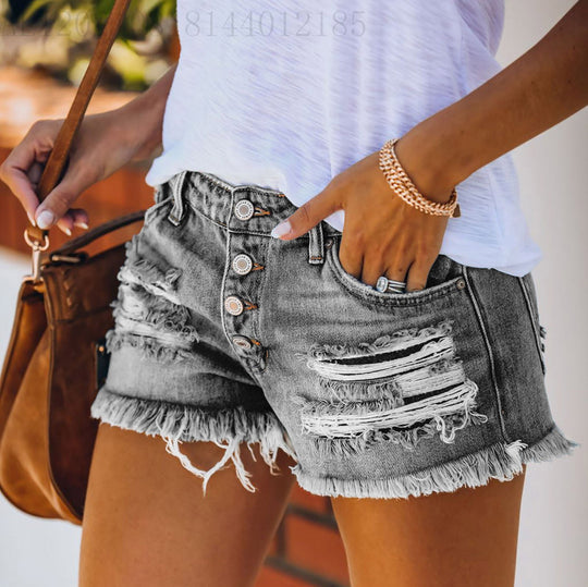 Damen lässige Destroyed Denim-Shorts mit Knopfdetails und fransigem Saum R&B