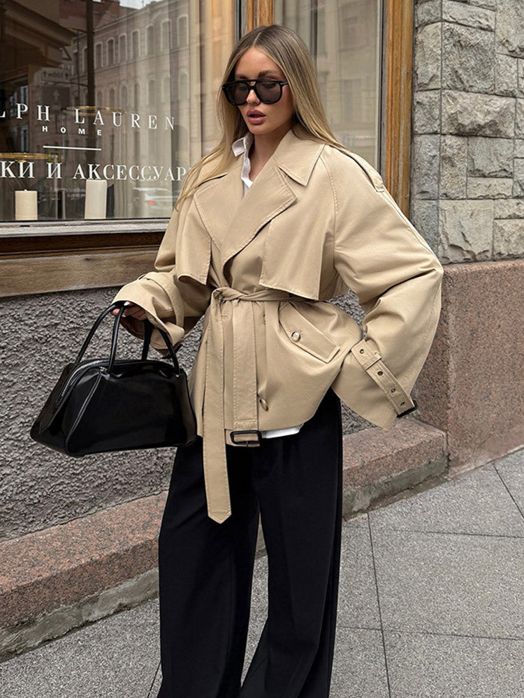 Damen elegante Übergangsjacke mit weich fließendem Schnitt und Taillengürtel R&B