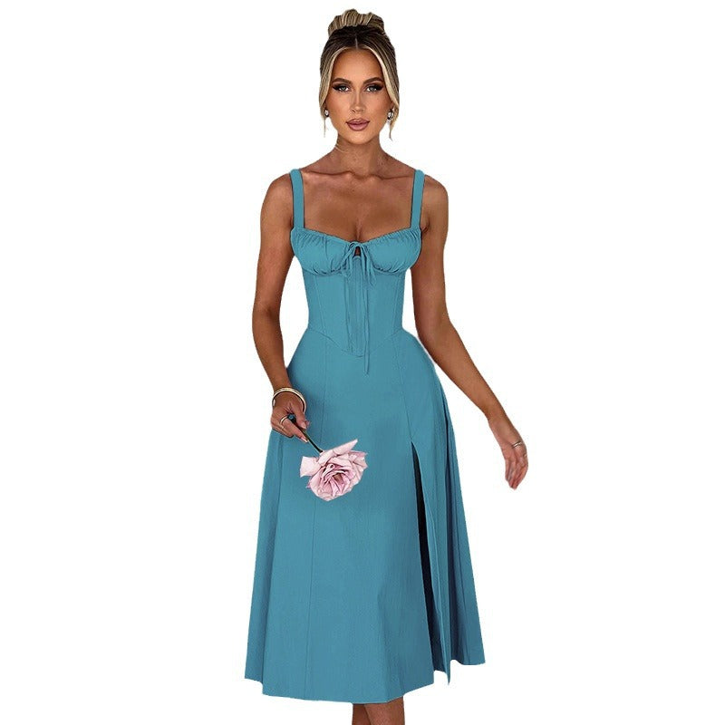 Damen raffinierte Midi-Robe mit tiefem Schlitz und Rüschendetails R&B