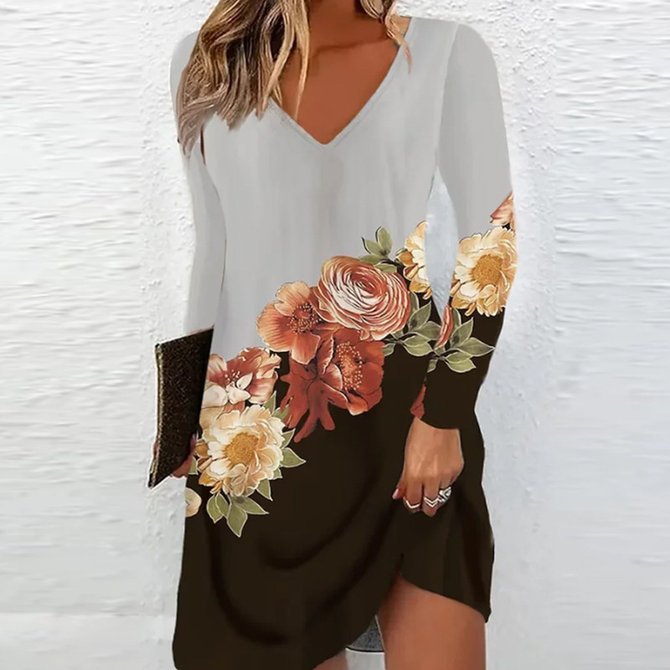 Damen V-Ausschnitt Kleid mit floralen Akzenten und langen Ärmeln R&B