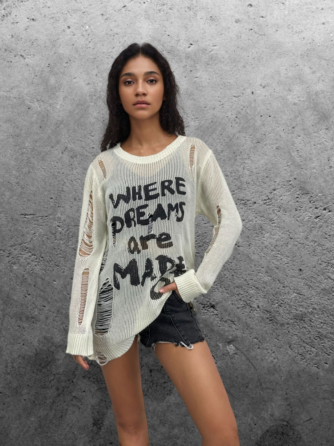 Damen lässiger Oversized Pullover mit auffälligem Schriftzug und Strick-Details R&B