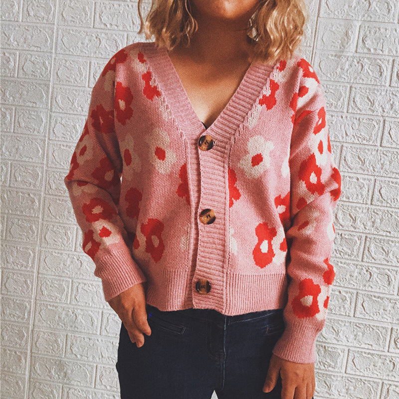 Damen Strickjacke mit floralen Mustern und dekorativen Knöpfen R&B