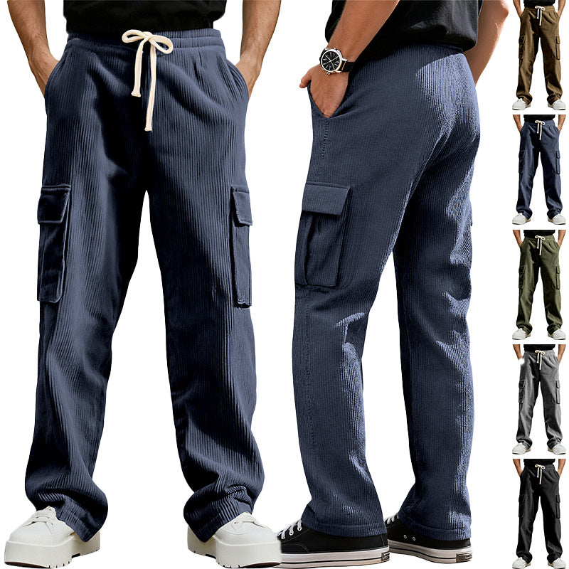 Herren nan lässige Cord-Cargohose mit elastischem Tunnelzugbund geradem Bein und aufgesetzten Klappentaschen R&B