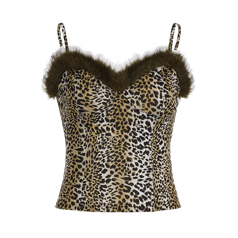 Damen Top mit Leopardenmuster und elegantem Fellbesatz R&B
