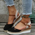 Damen Wedgesandalen mit elastischem Riemen und Jute-Applikation R&B