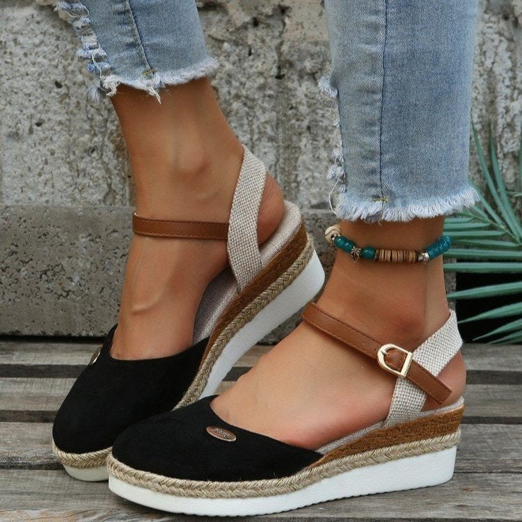 Damen Wedgesandalen mit elastischem Riemen und Jute-Applikation R&B