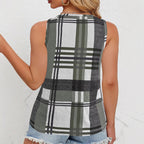 Damen ärmelloses V-Neck Top mit dekorativem Knopfdetail und modernem Karomuster R&B