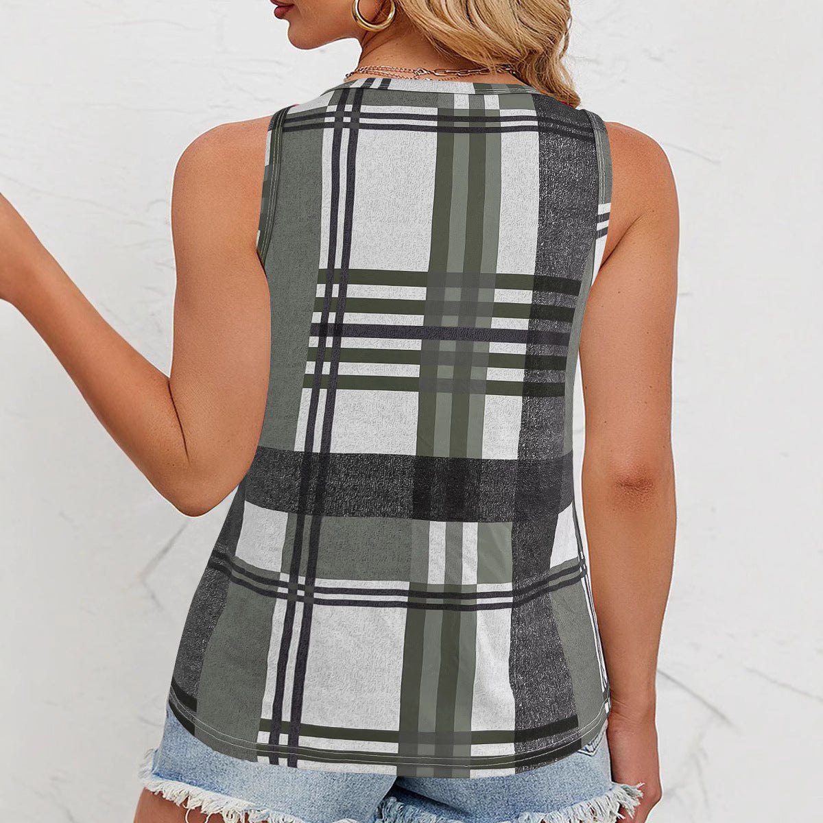 Damen ärmelloses V-Neck Top mit dekorativem Knopfdetail und modernem Karomuster R&B