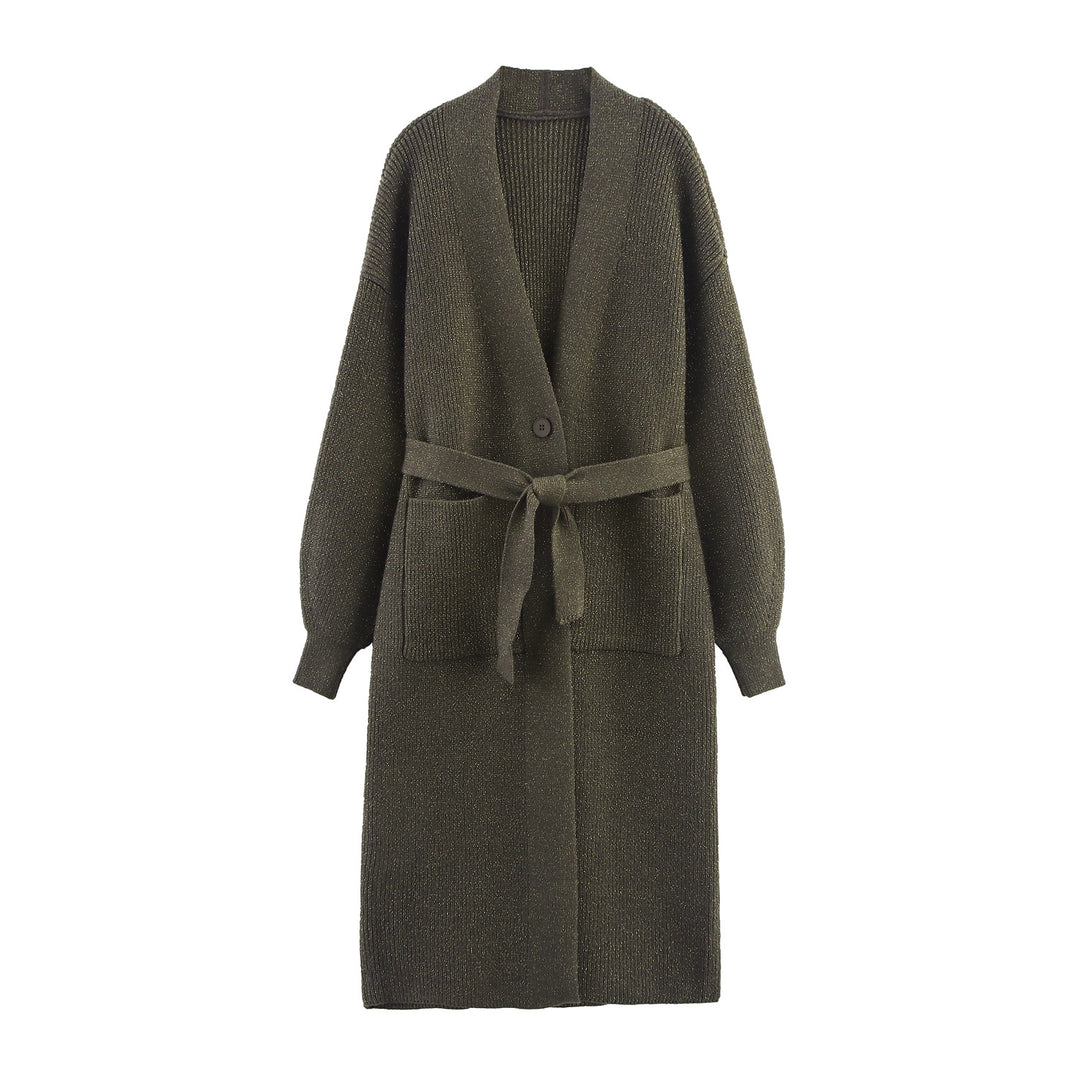 Damen Lange Strickjacke mit Gürtel und Taschen R&B