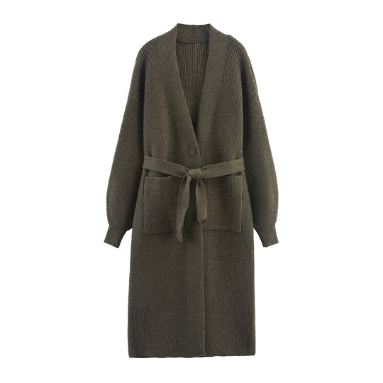 Damen Lange Strickjacke mit Gürtel und Taschen R&B
