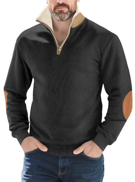 Herren nan Strukturstrick-Halbzipppullover mit wärmendem Sherpa-Kragen und Velours-Ellenbogenapplikation R&B