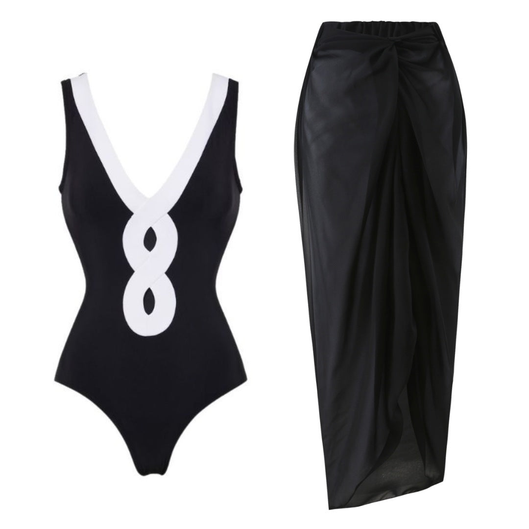 Damen eleganter V-Ausschnitt Schwimmanzug mit stilvollem Wickelrock R&B