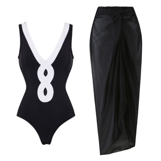 Damen eleganter V-Ausschnitt Schwimmanzug mit stilvollem Wickelrock R&B